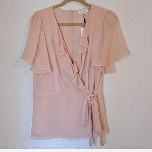 Calvin Klein Faux Wrap Blouse Women's Small Ruffle Blush Pink Chiffon